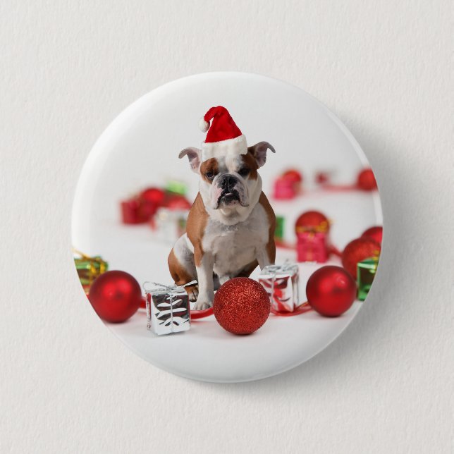 Bulldogge Weihnachtsschmuck Geschenkboxen Rote Wei Button (Vorderseite)