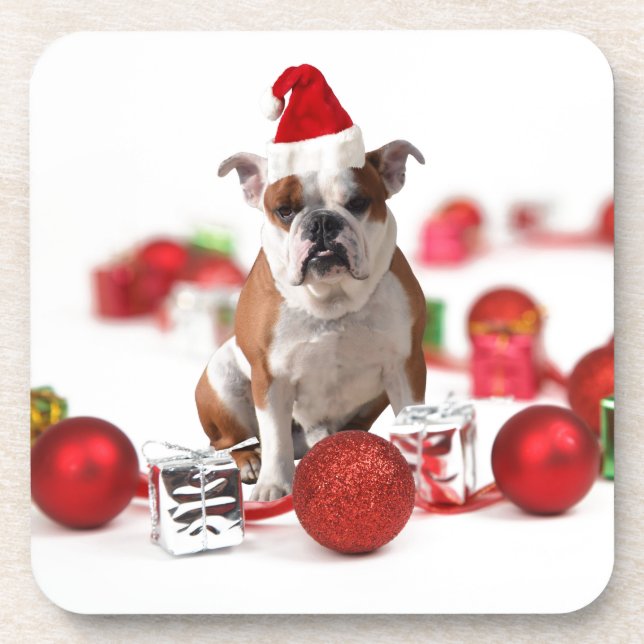 Bulldogge Weihnachtsschmuck Geschenkboxen Rote Wei Getränkeuntersetzer (Vorderseite)
