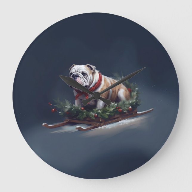 Bulldogge Weihnachtsschnee Große Wanduhr (Vorderseite)