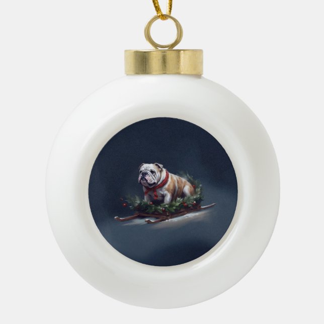 Bulldogge Weihnachtsschnee Keramik Kugel-Ornament (Vorderseite)