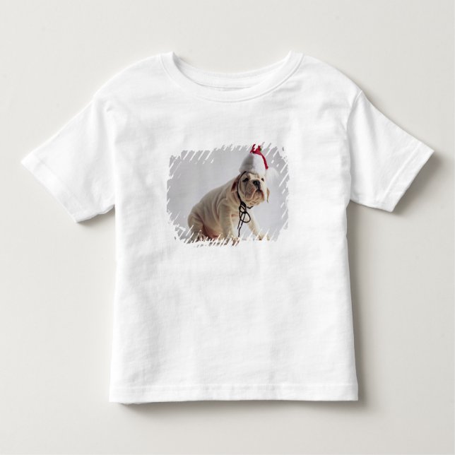Bulldoggen-Welpen-tragende Weihnachtsmannmütze Kleinkind T-shirt (Vorderseite)