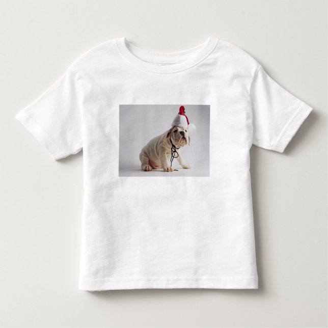 Bulldoggen-Welpen-tragende Weihnachtsmannmütze Kleinkind T-shirt (Vorderseite)