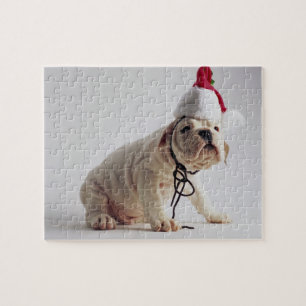 Bulldoggen-Welpen-tragende Weihnachtsmannmütze Puzzle