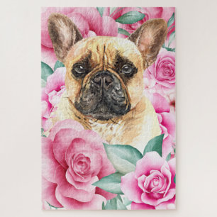 Bulldoghund Gesicht Aquarell zeichnend rosa Rose Puzzle