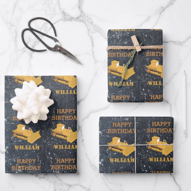 Bulldozer Bauwagen Birthday Boy Geschenkpapier Set (Vorderseite)