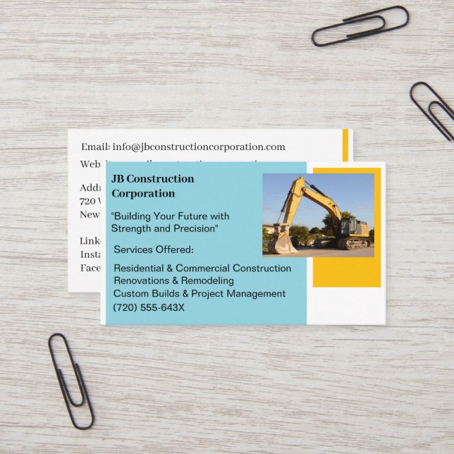 Bulldozer für gelbe Bauweise des Weißen Unternehme Visitenkarte (Vorderseite/Rückseite Beispiel)