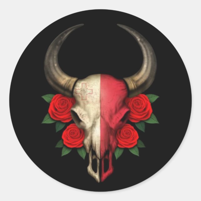 Bulle Skull auf maltesische Flagge mit Rote Rosen Runder Aufkleber (Vorderseite)