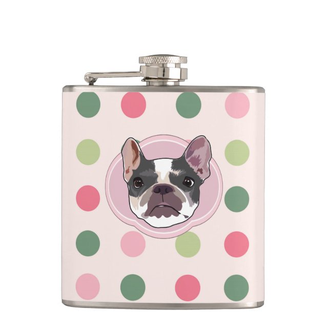Bullenhund und bunte Punkte Flachmann (Vorderseite)