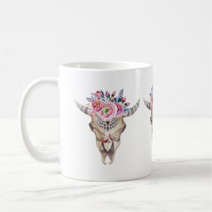 Bullenschädel und farbenfrohe Rose und Buckel Tasse