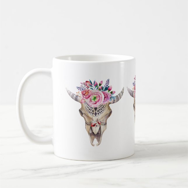 Bullenschädel und farbenfrohe Rose und Buckel Tasse (Links)