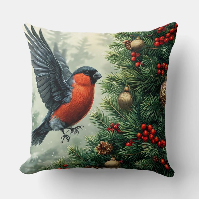 Bullfinch auf dekoriertem Weihnachtsbaum Kissen (Vorderseite)