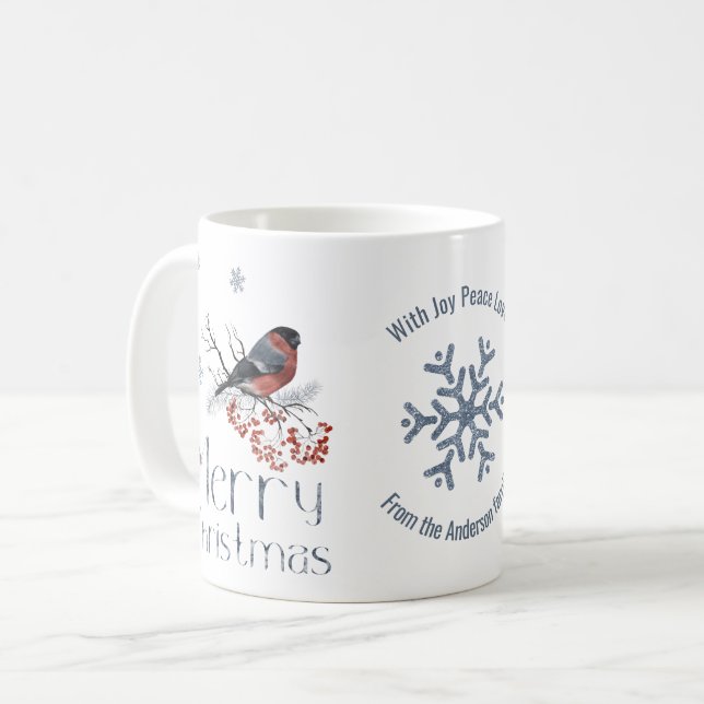 Bullfinch Bird Red Berries Frohe Weihnachten Kaffeetasse (Vorderseite Links)