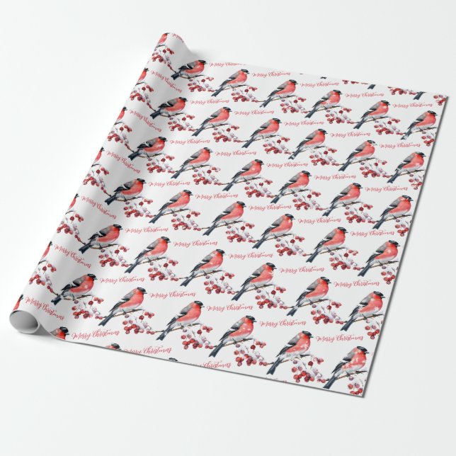 Bullfinch Bird Snowy Red Berries Frohe Weihnachten Geschenkpapier (Ungerollt)