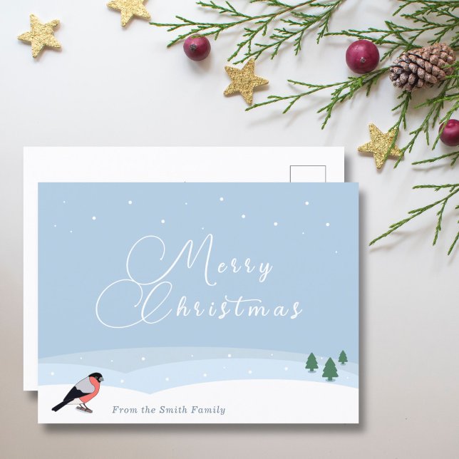Bullfinch & Snowy Landschaft Frohe Weihnachtskarte Postkarte (Bullfinch & Snowy Landscape Merry Christmas Card - Front)