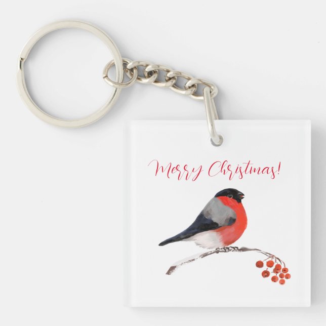 Bullfinch und rote Beeren, Frohe Weihnachten Schlüsselanhänger (Vorderseite)