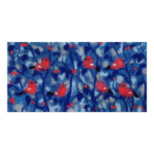 Bullfinen, Rote Vögel, blaue Waldbäume Kunst Fotodruck