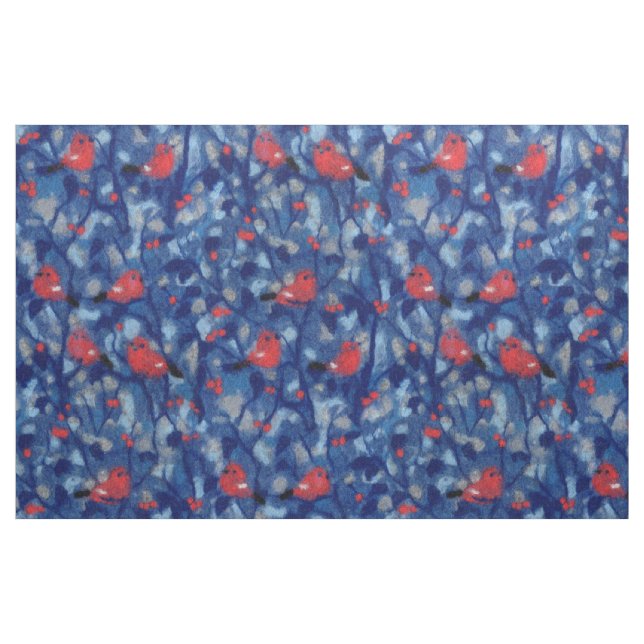Bullfinen, Rote Vögel, blaue Waldbäume Kunst Stoff (Fat Quarter (45,7 x 55,9 cm))