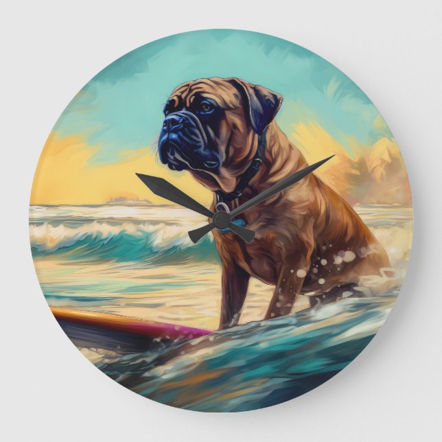 Bullmastiff Beach Surf Malerei Große Wanduhr (Vorderseite)