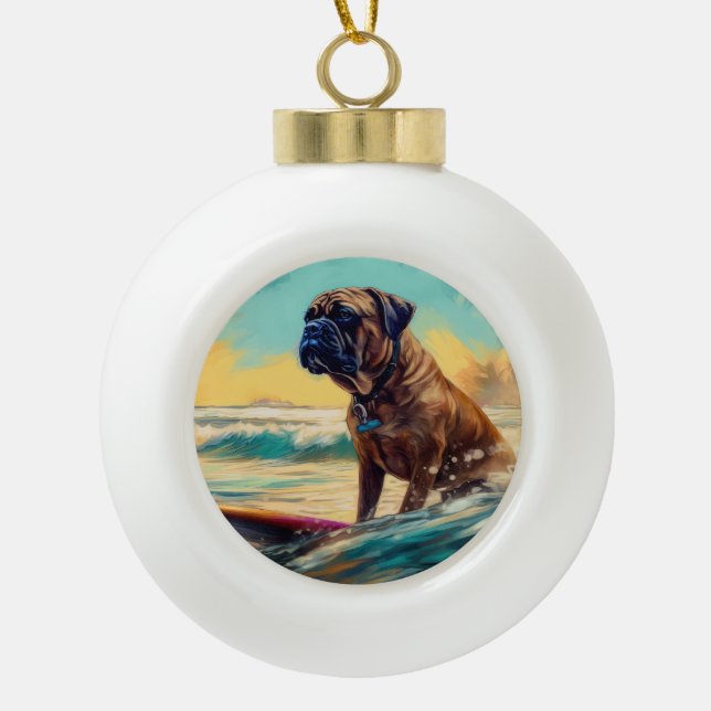 Bullmastiff Beach Surf Malerei Keramik Kugel-Ornament (Vorderseite)
