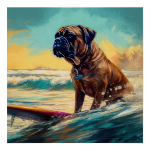 Bullmastiff Beach Surf Malerei Poster