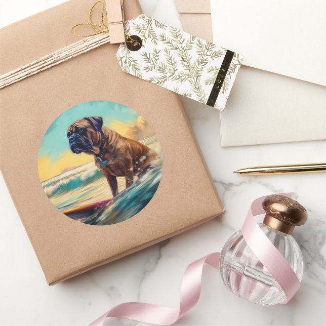 Bullmastiff Beach Surf Malerei Runder Aufkleber (Schenken)