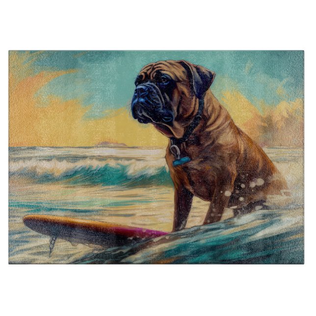 Bullmastiff Beach Surf Malerei Schneidebrett (Vorderseite)