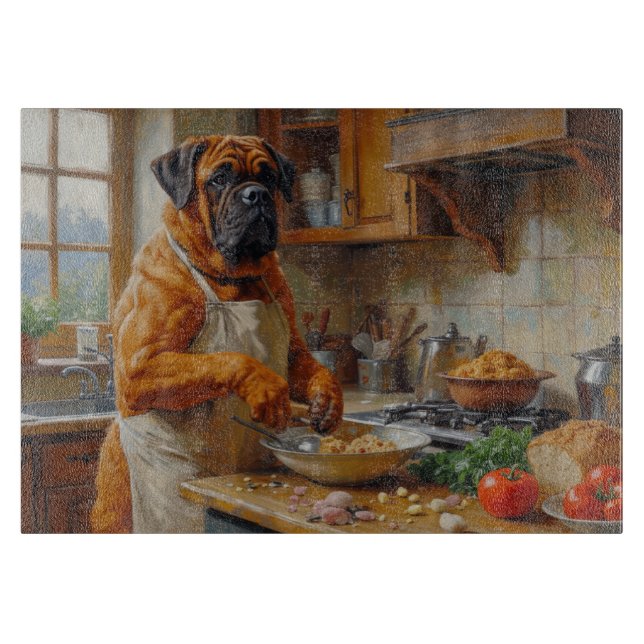 Bullmastiff beim Kochen in der Küche Schneidebrett (Vorderseite)
