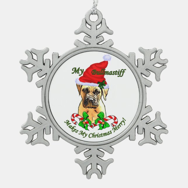 Bullmastiff Christmas Merry Schneeflocken Zinn-Ornament (Vorderseite)