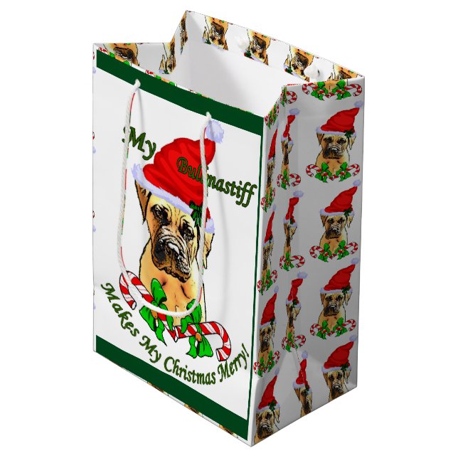 Bullmastiff Christmas Mittlere Geschenktüte (Vorderseite Schrägansicht)