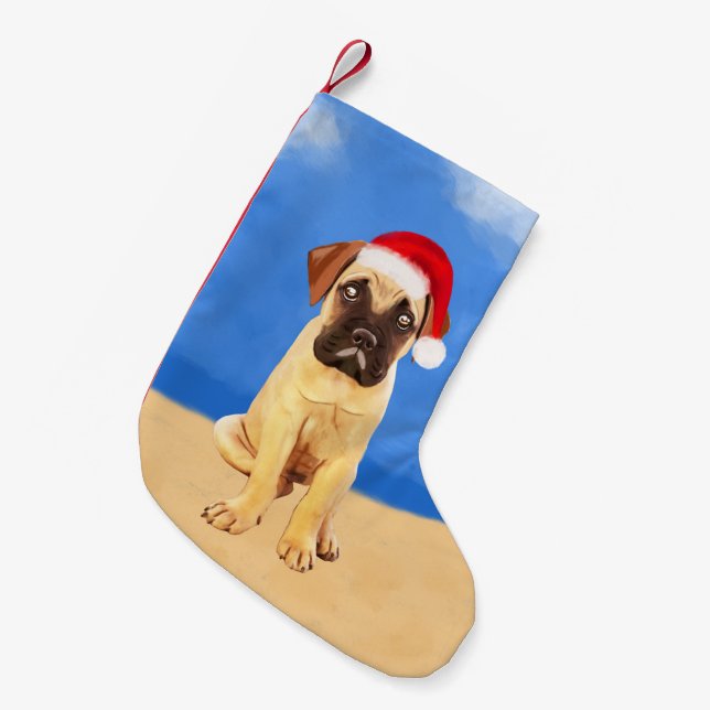 Bullmastiff Dog On Beach Weihnachtshut Kleiner Weihnachtsstrumpf (Vorderansicht (hängend))