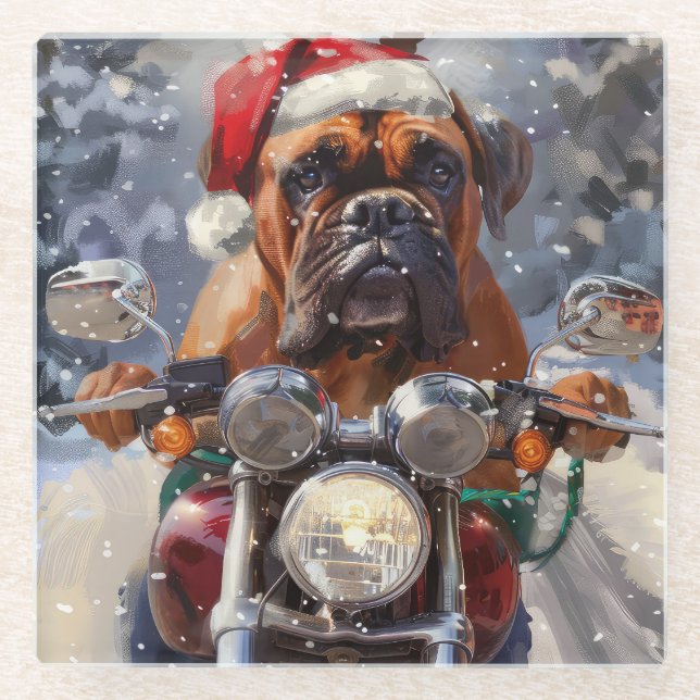 Bullmastiff Dog Riding Motorrad Weihnachten Glasuntersetzer (Vorderseite)