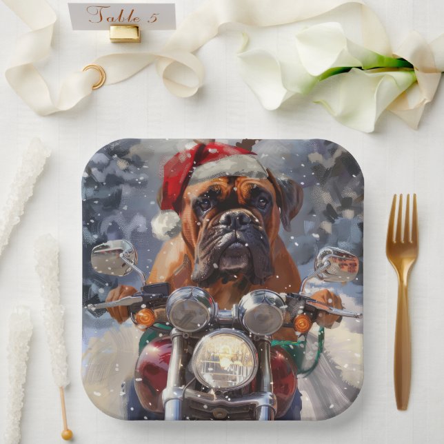 Bullmastiff Dog Riding Motorrad Weihnachten Pappteller (Hochzeit)