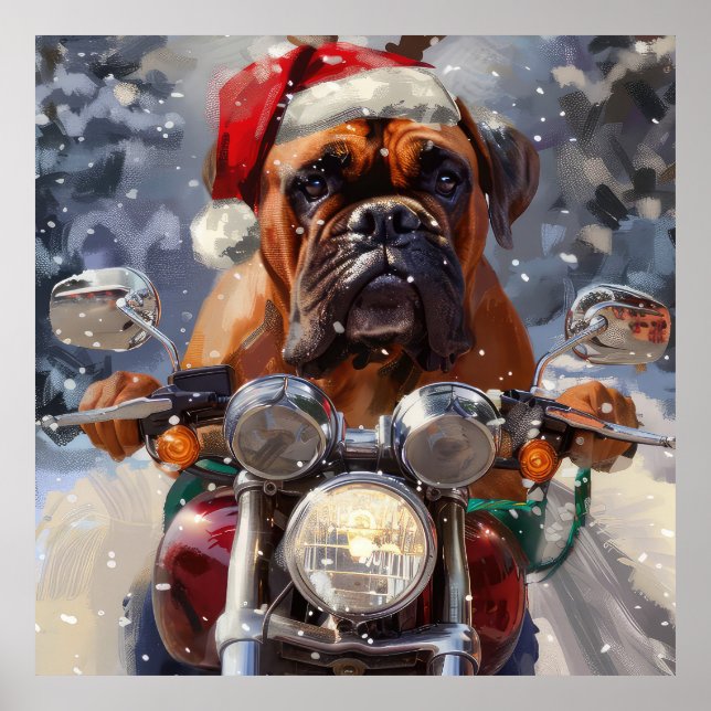 Bullmastiff Dog Riding Motorrad Weihnachten Poster (Vorne)