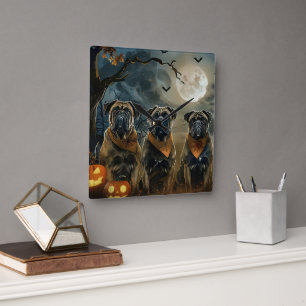Bullmastiff Halloween Spooky Quadratische Wanduhr