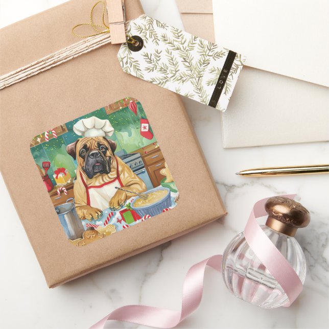 Bullmastiff Holiday Baking: Festliche Weihnachten Quadratischer Aufkleber (Schenken)