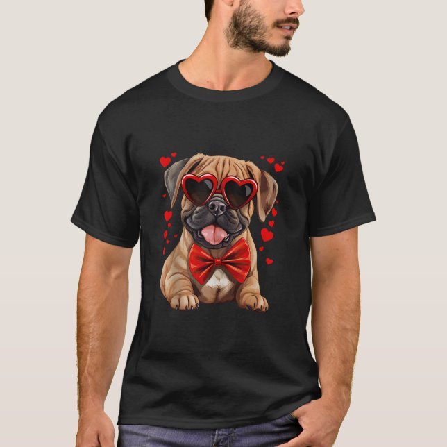 Bullmastiff Hund Herz Sonnenbrille Red Bow Krawatt T-Shirt (Vorderseite)