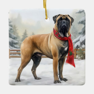 Bullmastiff Hund im Schnee Weihnachten Keramikornament