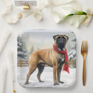 Bullmastiff-Hund im Schnee Weihnachten Pappteller