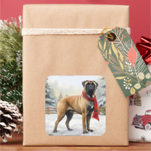 Bullmastiff-Hund im Schnee Weihnachten Quadratischer Aufkleber