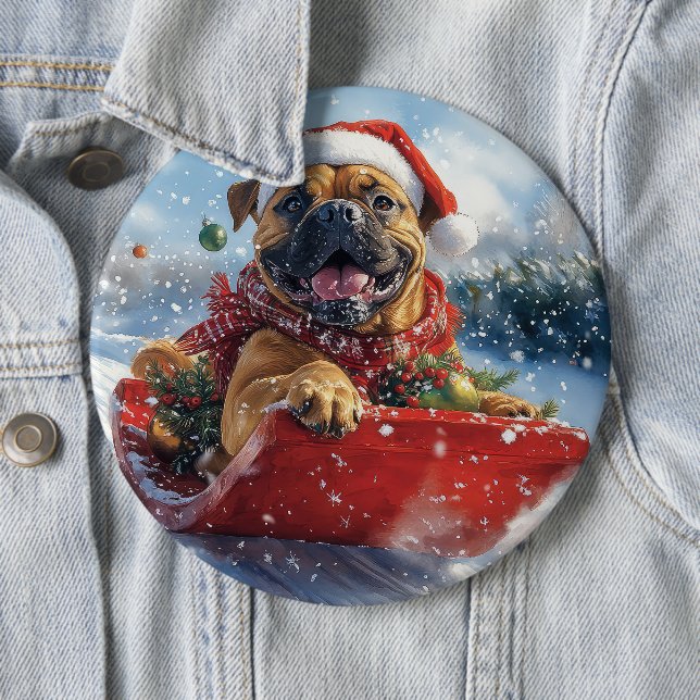 Bullmastiff Hund in Sledge Let it Schnee Weihnacht Button (Beispiel)