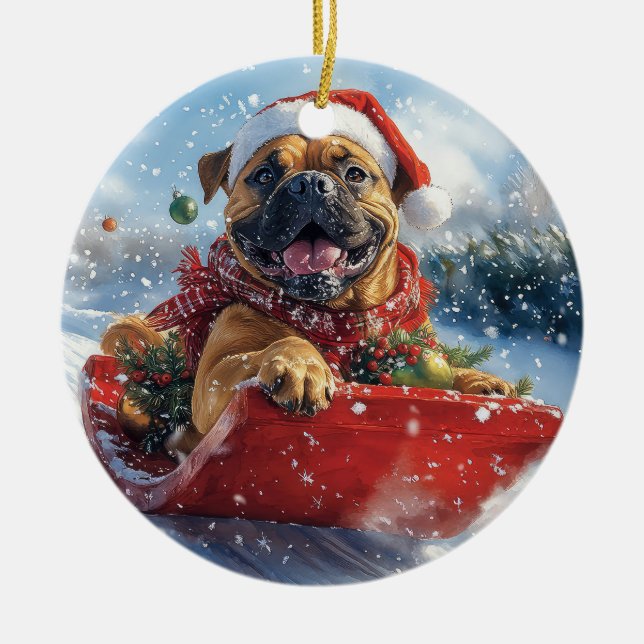 Bullmastiff Hund in Sledge Let it Schnee Weihnacht Keramik Ornament (Vorne)