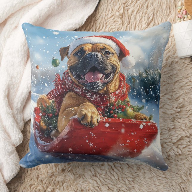 Bullmastiff Hund in Sledge Let it Schnee Weihnacht Kissen (Decke)