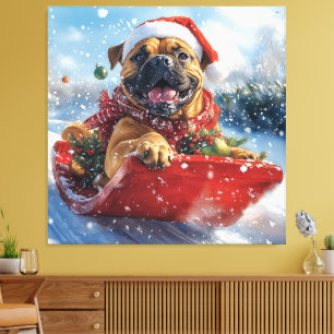 Bullmastiff Hund in Sledge Let it Schnee Weihnacht Leinwanddruck