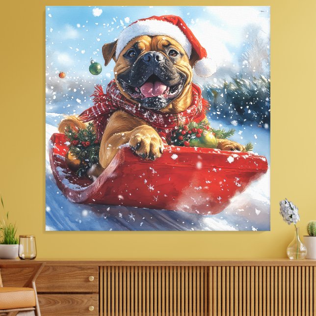 Bullmastiff Hund in Sledge Let it Schnee Weihnacht Leinwanddruck (Insitu (Wohnzimmer))