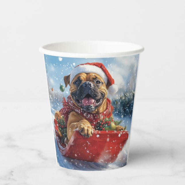 Bullmastiff Hund in Sledge Let it Schnee Weihnacht Pappbecher (Vorderseite)