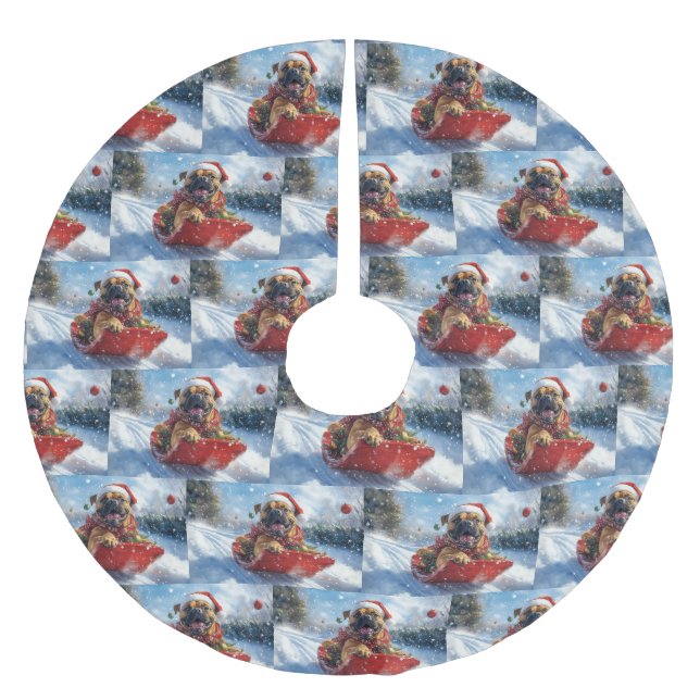 Bullmastiff Hund in Sledge Let it Schnee Weihnacht Polyester Weihnachtsbaumdecke (Vorderseite)