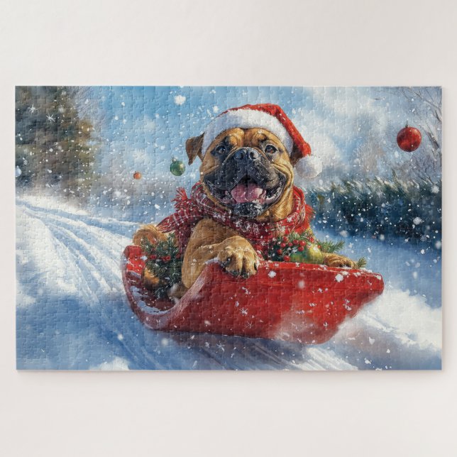 Bullmastiff Hund in Sledge Let it Schnee Weihnacht Puzzle (Horizontal)