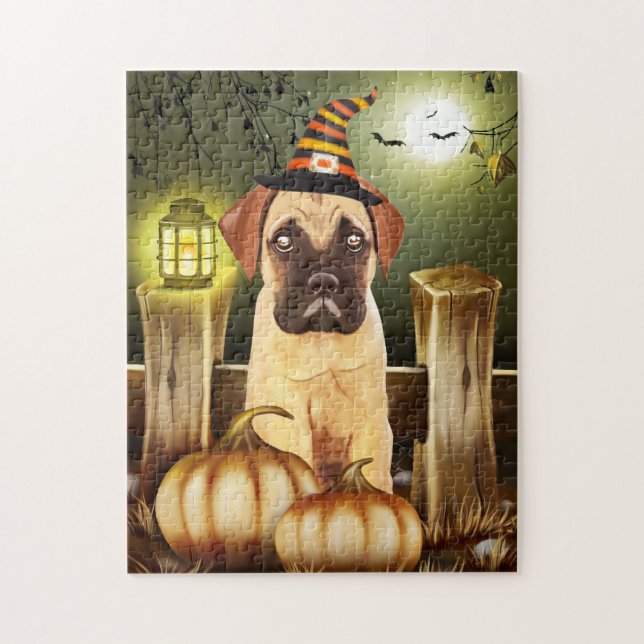 Bullmastiff Hund mit Hexenhutenhut Halloween Puzzle (Vertikal)