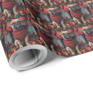 Bullmastiff-Hund mit Weihnachtsgeschenken Kamin Geschenkpapier