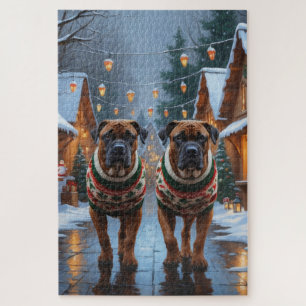 Bullmastiff-Hunde Weihnachten Schnee Urlaub Puzzle